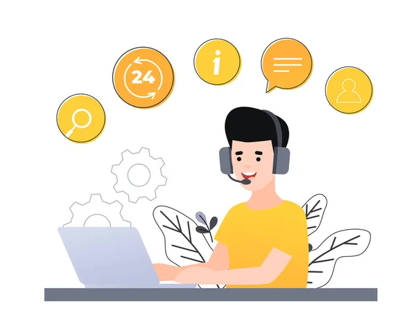 Concept customer and operator, online technical support 24-7 for web page. Vector illustration male hotline operator advises client. Online assistant, virtual help service. – stockvektor