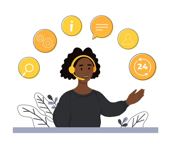 Concept customer and operator, online technical support 24-7 for web page. Vector illustration african female hotline operator advises client. Online assistant, virtual help service. – stockvektor