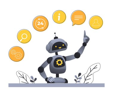 Resimler: Müşteri ve operatör kavramı, web sayfası için 7 / 24 çevrimiçi teknik destek. Yapay zeka yapay zekası. Akıllı beyin bilgisayarı ve makine bağlama cihazı ile çalışan teknoloji.