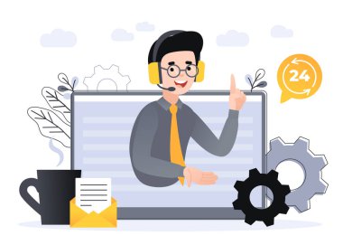 Konsept müşteri ve operatör, web sayfası için 7 / 24 çevrimiçi teknik destek. Vektör illüstrasyon erkek yardım hattı operatörü müşteriye tavsiyede bulunuyor. Kişisel asistan, Çevrimiçi asistan, sanal yardım servisi.