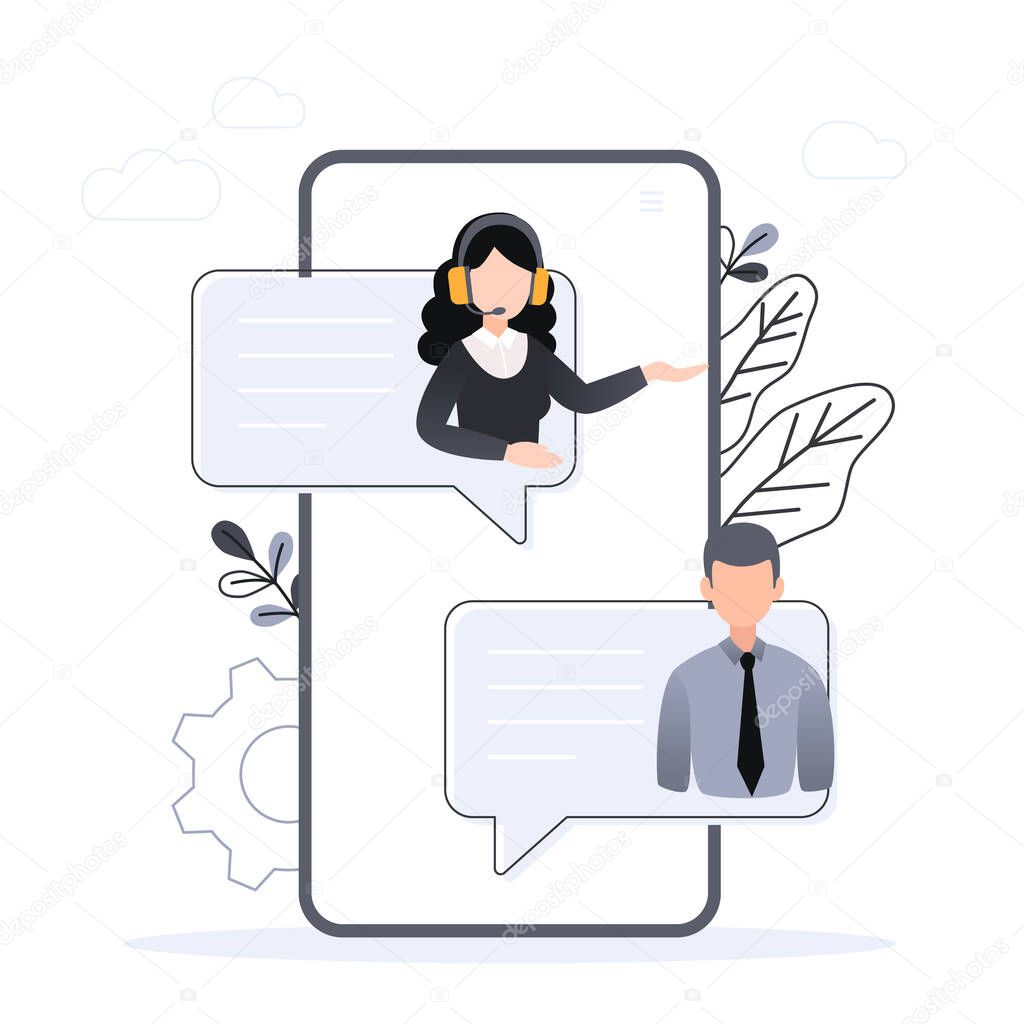 Customer support. Personal assistant service, person advisor and helpful advice services. Social media network services, online supporter agents. Isolated flat vector illustration icon