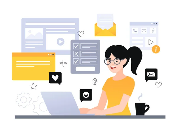 Gerenciador de conteúdo no trabalho ilustração vetorial. Conceito de habilidade multitarefa feminina. Menina jovem gerenciando processos de estratégia SMM. Trabalhador freelance ocupado com marketing de mídia social —  Vetores de Stock