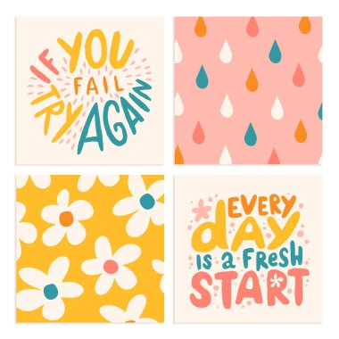 El çizimi motivasyon alıntıları ayarlandı. Yazıtlar ve şirin desenler. Tebrik kartları, posterler, tişörtler, afişler, davetiyeler için mükemmel bir tasarım. Kişisel bakım kavramı.