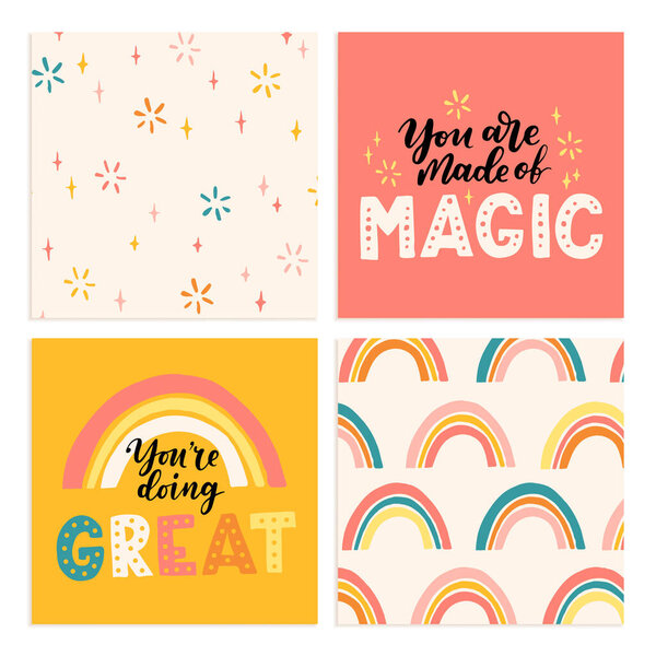 Hand drawn lettering motivational quotes set. Inscriptions and cute pattern. Perfect design for greeting cards, posters, T-shirts, banners, print invitations. Self care concept.