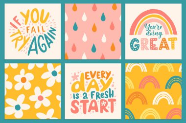 El çizimi motivasyon alıntıları ayarlandı. Yazıtlar ve şirin desenler. Tebrik kartları, posterler, tişörtler, afişler, davetiyeler için mükemmel bir tasarım. Kişisel bakım kavramı.