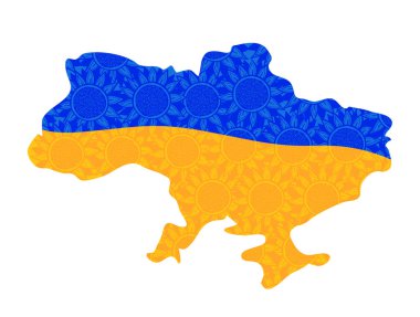 Ukrayna 'nın çiçek haritası. Mavi ve sarı ayçiçekleri. El çizimi vektör illüstrasyonu. Ukrayna kavramını destekle.