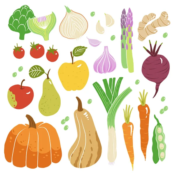 Härlig Vegan Begrepp Illustration Med Frukt Och Grönsaker Smakligt Äpple — Stock vektor