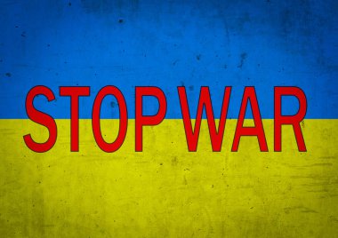 Savaşı durdurun, Putin 'i durdurun, yazılı Ukrayna bayrağı mavi-sarı arka planda duran Ukrayna' daki savaşı durdurun. Savaş yok, savaşı durdurun, Rus saldırısını durdurun. Dur Putin.