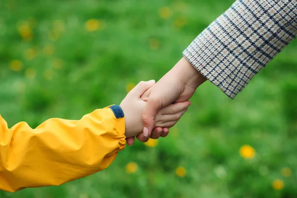 Anne Çocuğun Elleri Birbirine Uzanıyor Destek Yardım Güven Ebeveynler Yürürken — Stok fotoğraf