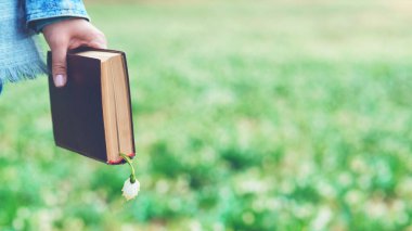 Kitap konsepti. Doğayla iç içe olan bir kadın. Kadın ellerine kitap. Okuma zamanı. Modeliniz için boş yer.