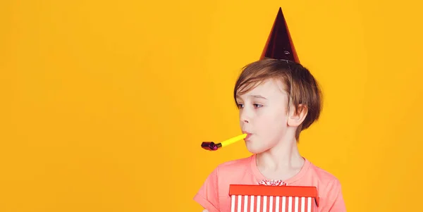 Happy Kid Celebrating His Ten Year Birthday Child Blowing Whistle — Stock Photo, Image