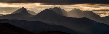 Panorama of West Tatra Mountains with Rohac, Wolowiec and Salatin in sunset, Poland