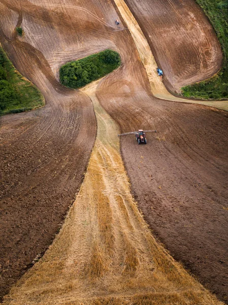 Tractors Plowing Field Mazury Drone Wrapped Perspective Poland — Stock Photo, Image