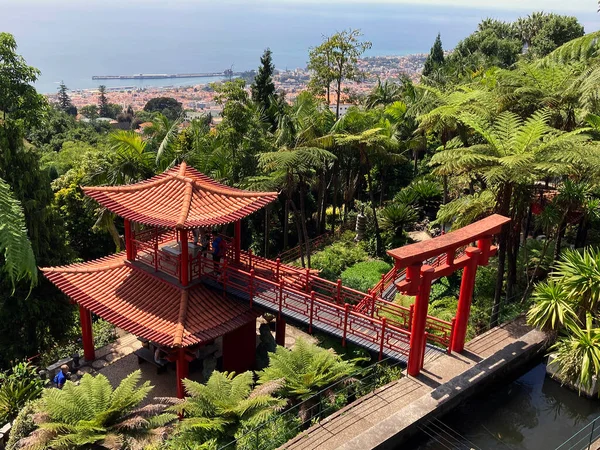 Funchal, Portekiz - 12 Eylül 2021: Japon tarzı kırmızı pavyonu olan Monte Palace tropikal bahçesi.