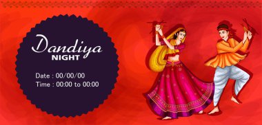 Geleneksel halk dansları Garba Navratri Dussehra sırasında kutlama Dandiya gecesi oynayanlar. Vektör çizim