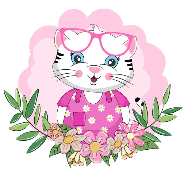 Söt tecknad baby katt i solglasögon med vackra blommor. — Stock vektor
