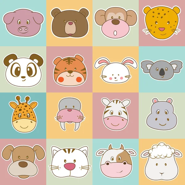 Big Set Cute Cartoon Animals Faces Graphic Element Collection Kids — Stock Vector