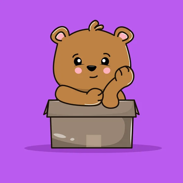 Bonito desenho animado urso engraçado na caixa de papelão. — Vetor de Stock