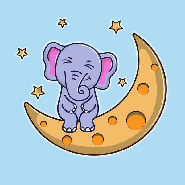 Lindo bebé de dibujos animados Elefante, sentado en la luna — Vector de stock