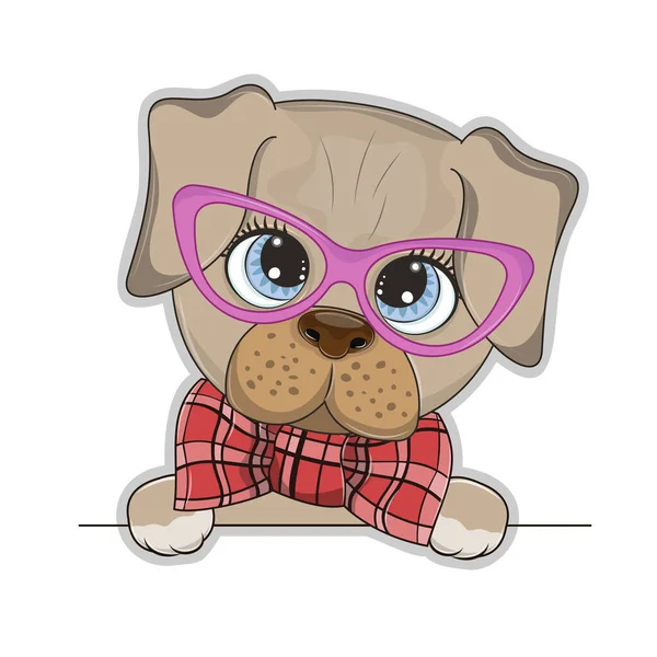 Cute fun cartoon baby dog with a bow on a white background. — Vector de stock