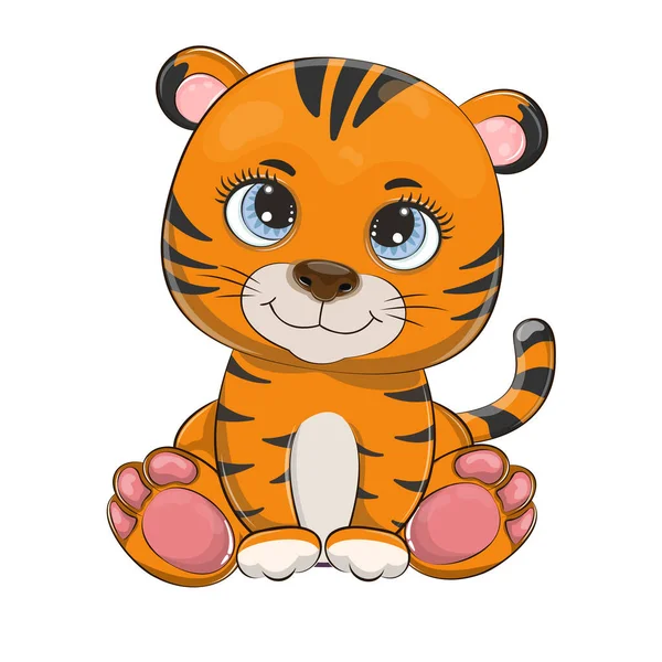 Cute cheerful cartoon tiger on a light background. — Stockvektor