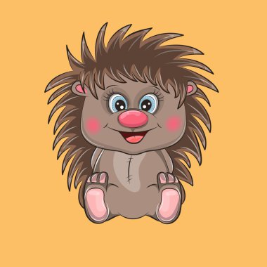 Sarı arka planda sevimli gülümseyen kirpi bebek çizgi filmi. Vektör illüstrasyonu.