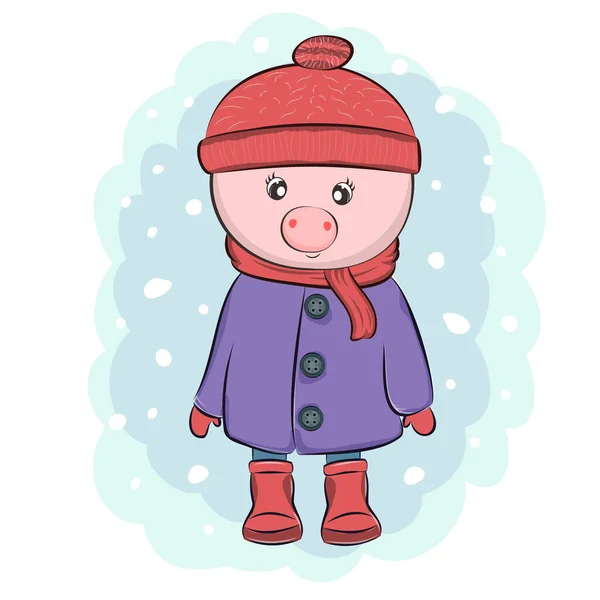 Lindo Bebé Cerdo Sonriente Dibujos Animados Invierno Abrigo Sombrero Ilustración — Vector de stock