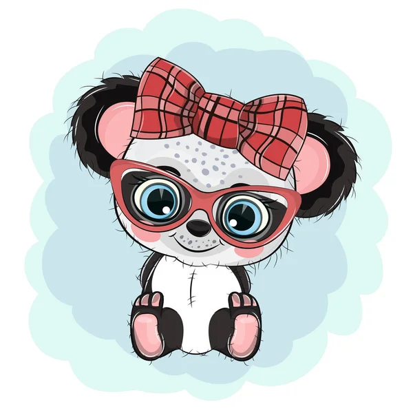 Söt tecknad baby panda med glasögon och en båge. — Stock vektor