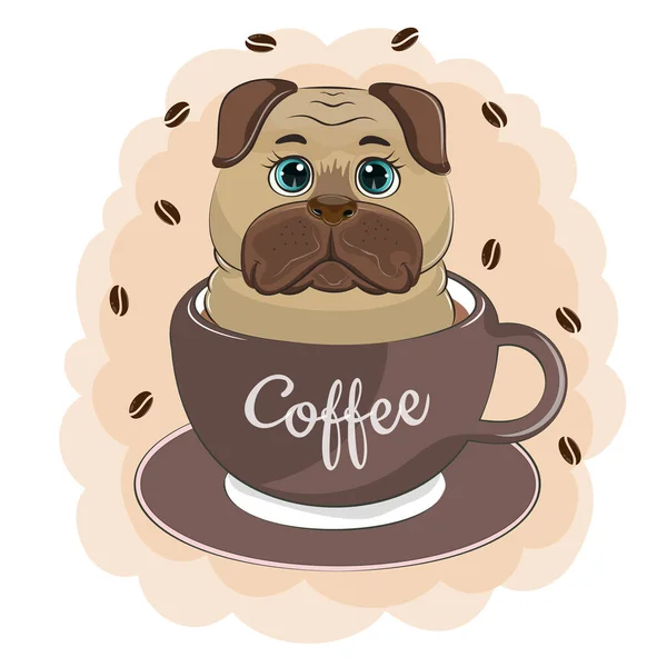 Милая Смешная Мультяшная Собачка Мопс Сидит Чашке Кофе Современный Плоский Стоковая Иллюстрация