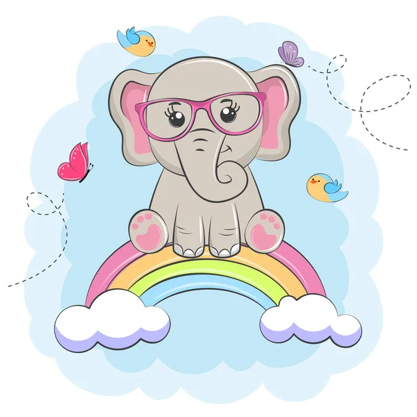 Lindo elefante bebé de dibujos animados, sentado en el arco iris. — Vector de stock