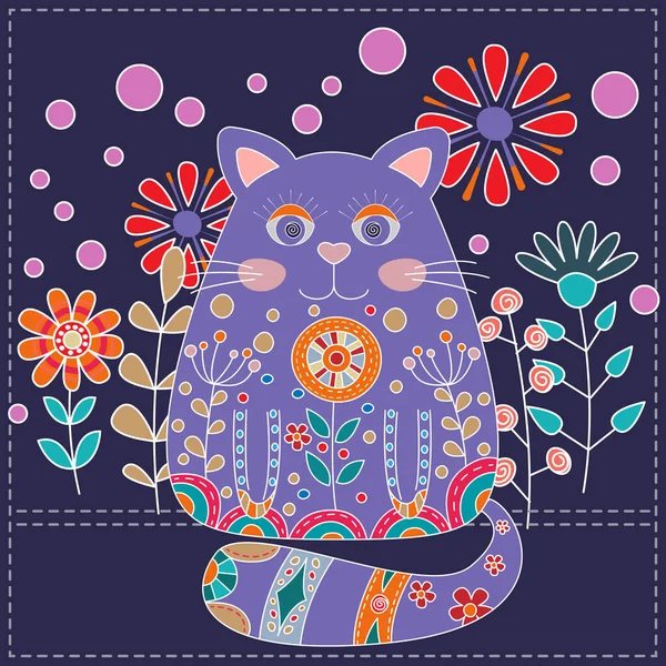 Lindo gato está decorado con flores. Carácter retro cómico. — Vector de stock