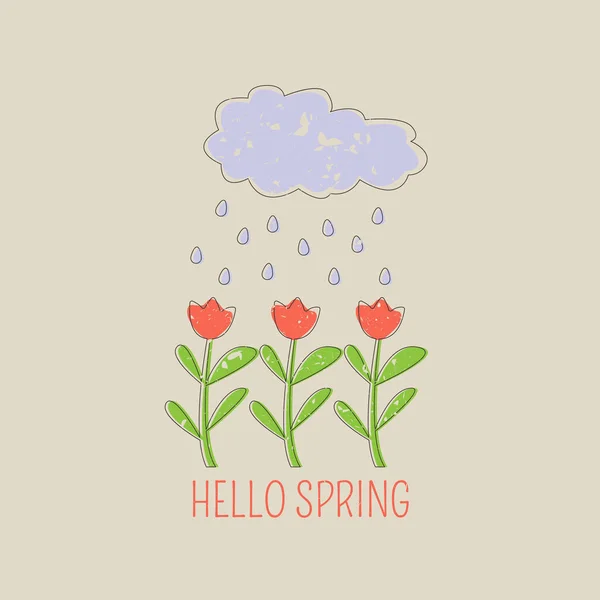 Bonjour Spring. Tulipes sous la pluie, beau fond. — Image vectorielle