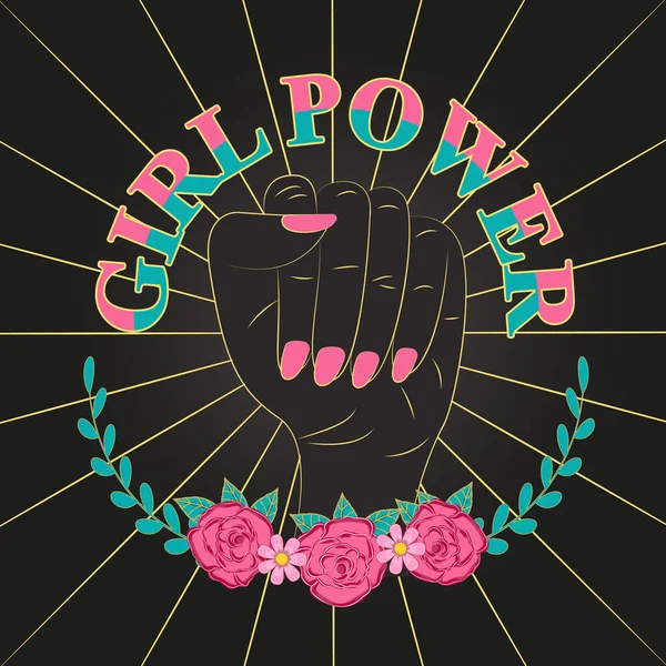 Kekuatan Slogan Girl Dengan Tangan Wanita Pada Latar Belakang Hitam - Stok Vektor