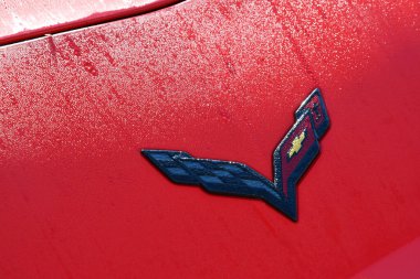 Mugello Pisti, İtalya - 23 Eylül 2021: İtalya 'nın Mugello Pisti' ndeki Chevrolet Corvette 'in logosu ayrıntıları.
