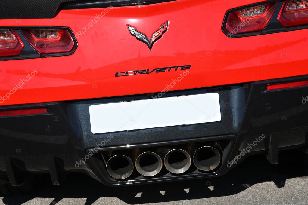 Mugello Circuit, Italy - 23 September 2021: detail of red a Chevrolet Corvette in the Mugello Circuit Paddock, Italy.