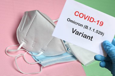 Doktorun elinde beyaz kağıtlı mavi eldiven ve arka planda çeşitli koruma maskeleri olan Covid-19 Omicron Variant mesajı var. COVID-19 omikron varyant türü koruma kavramı.