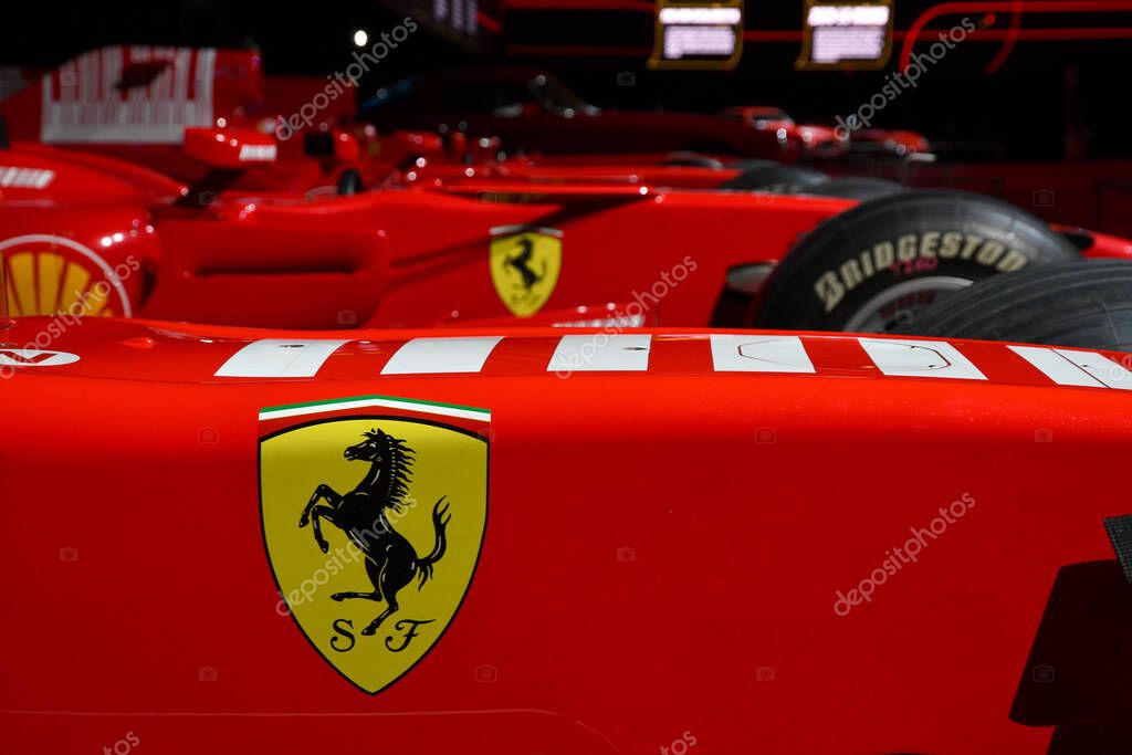 Scarperia, Mugello - 19 November 2021: detail of Ferrari emblem on Formula 1 cars on display during Finali Mondiali Ferrari 2021 at Mugello Circuit in Italy.