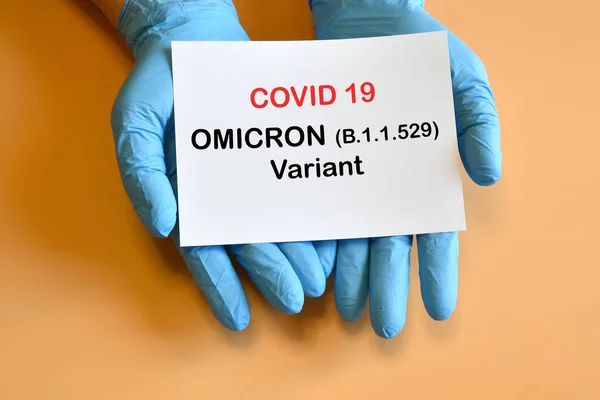 Covid Omicron Változat Orvos Kezei Kék Kesztyűben Egy Fehér Papírt — Stock Fotó