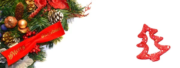 Bannière Fond Blanc Noël Avec Branche Sapin Cônes Pin Décorations — Photo