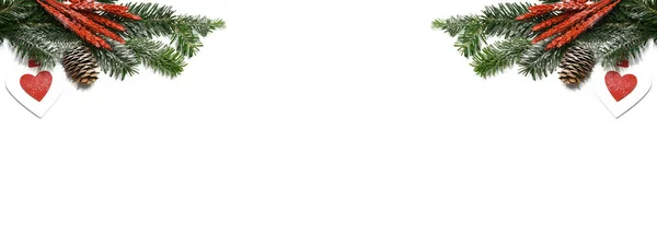 Vánoční Bílá Pozadí Banner Jedlí Větev Borovice Kornouty Dekorace — Stock fotografie