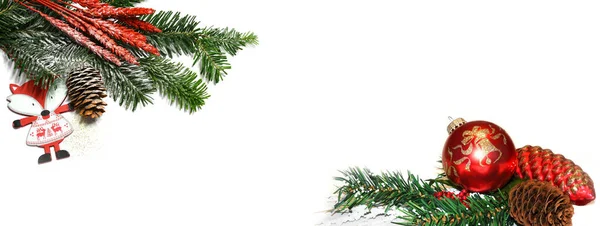 Bannière Fond Blanc Noël Avec Branche Sapin Cônes Pin Sphères — Photo