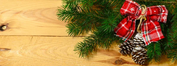 Christmas Banner Fir Tree Branch Pine Cones Decorations Wooden Background — 图库照片