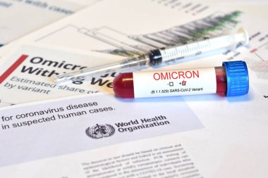 Florence, Aralık 2021: Covid-19 Omicron Varyantı virüsünün test tespiti için kan tüpü ve evraklardaki aşı şırıngası. İtalya