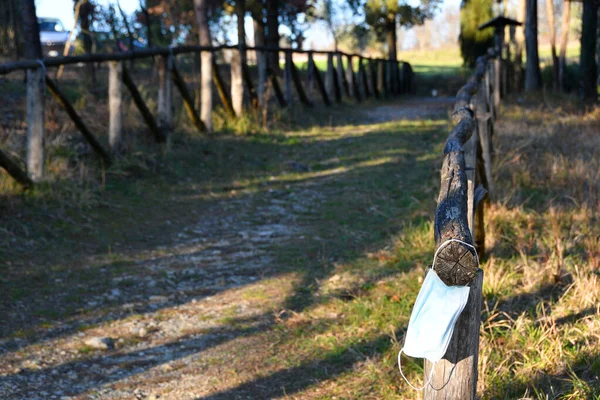 Used Protective Mask Hanging Wooden Fence Park Used Protective Masks — Fotografia de Stock