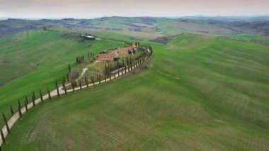 İtalya, Toskana - Mart 2022: Asciano yakınlarındaki Agriturismo Baccoleno 'ya giden Kıbrıs ağaçlarının hava manzarası. Val d 'Orcia, Siena Eyaleti. İtalya
