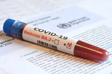 Virüs Covid-19 Omicron BA.2 Varyantı 'nın test tespiti için kan tüpü..