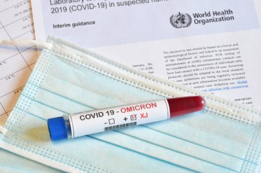 Kağıtlarda Covid-19 Omicron XJ Varyantı virüsünün tespiti için kan tüpü.