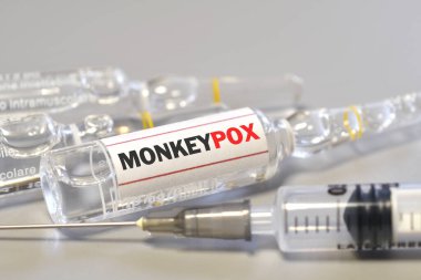 Çiçek ve Maymun Çiçeği Aşısı (MPXV). Maymun Çiçeği (MPXV) hastalığı için doz aşısı şişesi içeren şırınga.