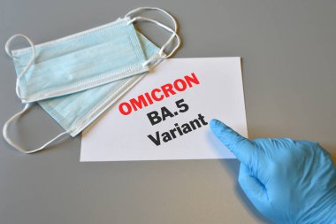 Mavi eldivenli doktorun eli koruyucu maskeli beyaz kağıtta 