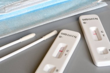 two SARS-CoV-2 antigen test kit for self testing with negative results, one step coronavirus antigen rapid test, saliva swab. close-up